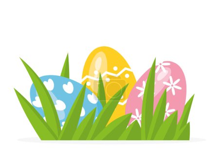colorful easter eggs in the grass; concept of egg hunt which is a game typically played during Easter- vector illustration