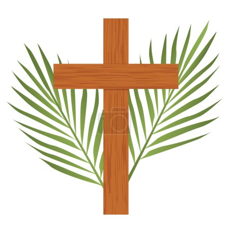 Téléchargez les illustrations : Feuilles de palmier et croix en bois, célébration de Pâques, Dimanche des Rameaux illustration vectorielle - en licence libre de droit