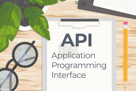 Interfaz de programación de aplicaciones API escrita en un tablero de clips en una ilustración de vectores de escritorio de madera