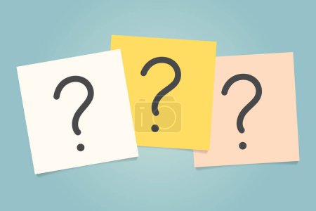 note cards with question marks; concept of curiosity and inquiry, brainstorming, problem-solving and exploration- vector illustratio