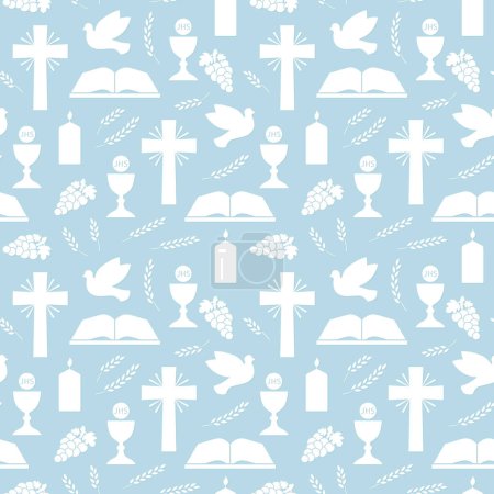 seamless pattern with christian religion icons, holy communion: bible, dove, chalice, candle, wheat ear; great for wrapping, greeting cards, invitations- vector illustration