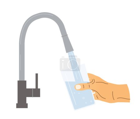 llenar a mano una taza de vidrio de un grifo de cocina; concepto de hidratación diaria; se puede utilizar en materiales de marketing para filtros de agua, electrodomésticos o blogs de wellness.
