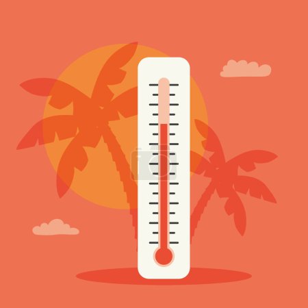 rotes Thermometer, Hochtemperaturwarnung, heißer Sommertag, Hitzewelle, Klimawandelkonzept - Vektorillustration