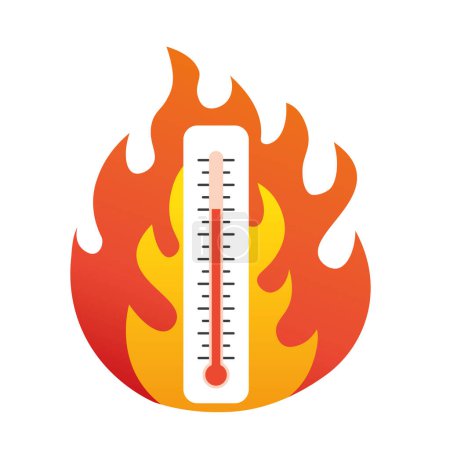 termómetro rojo en llamas de fuego, advertencia de alta temperatura, día caluroso de verano, ola de calor, concepto de cambio climático-vector ilustración