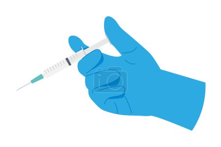 hand in a blue medical glove holding a syringe- vector illustration