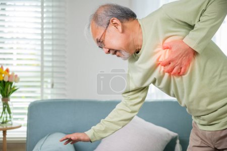 Photo for Asian older man have congenital disease suffering from heartache alone at home, Senior man bad pain hand touching chest having heart attack, Old age retirement health problems unhealthy diseased - Royalty Free Image