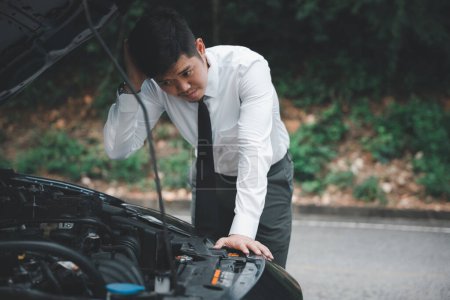 Photo for Asian businessman car broken breakdown, angry young stressed man stands trouble car failure problem looking in frustration at failed engine in morning, accident on road outdoor, late for business work - Royalty Free Image