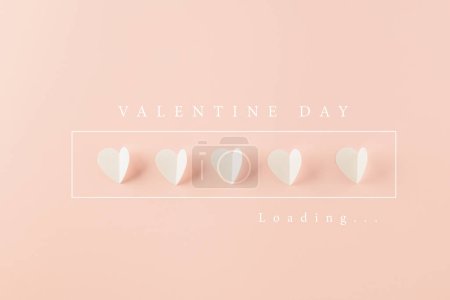 Téléchargez les photos : Happy Valentines Day background coming soon loading. flat lay of paper elements cutting white hearts shape flying on pink background, Valentine Love day concept, Banner template design holiday - en image libre de droit