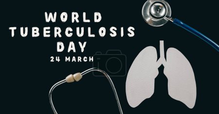Téléchargez les photos : World TB Day. Top view of lungs paper symbol and medical stethoscope on black background, copy space, lung cancer awareness, concept of world tuberculosis day, banner background, pneumonia - en image libre de droit