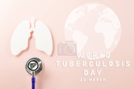 Photo for World Tuberculosis Day. Overhead lungs paper symbol and medical stethoscope on pink background, lung cancer awareness, copy space concept of world TB day, banner background, pneumonia awareness - Royalty Free Image