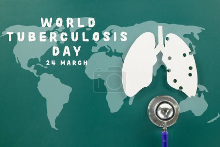 Photo for World TB Day. Top view of lungs paper symbol and medical stethoscope on green background, copy space, lung cancer awareness, concept of world tuberculosis day, banner background, pneumonia - Royalty Free Image