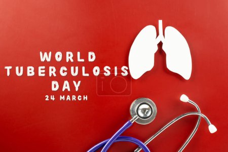 Téléchargez les photos : World TB Day. Lungs paper cutting symbol and medical stethoscope on red background, copy space, lung cancer awareness, concept of world tuberculosis day, banner background, respiratory diseases - en image libre de droit