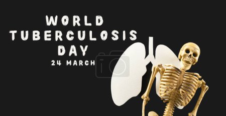 Photo for World Tuberculosis Day. Top view lungs paper symbol and skeleton on black background, lung cancer awareness, copy space concept of world TB day, banner background, no tobacco for respiratory - Royalty Free Image