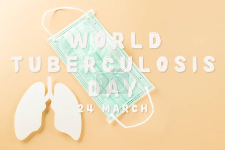 Photo for World Tuberculosis Day. Overhead lungs paper symbol and facial medical face mask on pastel background, lung cancer awareness, copy space concept of world TB day, banner background, pneumonia awareness - Royalty Free Image