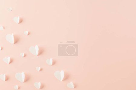 Téléchargez les photos : Happy Valentines Day background. Top view flat lay of paper elements cutting white hearts shape flying on pink background with copy space, Happy Mothers Day, Banner template design of holiday - en image libre de droit
