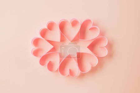 Photo for Top view flat lay pink ribbon heart shaped decorative symbol on pastel pink background, love romance concept, banner design with copy space, Mother, Woman day, Happy Valentines Day - Royalty Free Image