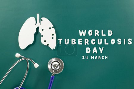Téléchargez les photos : World tuberculosis day. Lungs paper cutting symbol and medical stethoscope on green background, copy space, concept of world TB day, banner background, respiratory diseases, lung cancer awareness - en image libre de droit