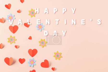 Photo for Happy Valentines day concept. Red paper hearts cutting pastel pink background, Symbol of love paper art with copy space for text, Mothers Day - Royalty Free Image