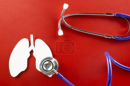 Téléchargez les photos : World Tuberculosis Day. Top view of lungs paper symbol and medical stethoscope on red background, copy space, lung cancer awareness, concept of world TB day, Healthcare and medicine concept - en image libre de droit
