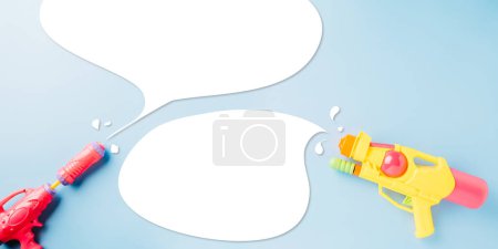 Foto de Happy songkran day festival at Thailand. water gun shoot water splash drawing empty space for text isolated on pastel blue background, traditional Thai New Year, Web banner design - Imagen libre de derechos
