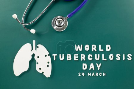 Photo for World TB Day. Lungs paper cutting symbol and medical stethoscope on green background, copy space, lung cancer awareness, concept of world tuberculosis day, banner background, respiratory diseases - Royalty Free Image