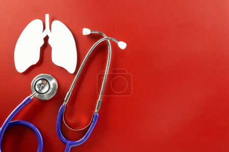 Photo for World tuberculosis day. Lungs paper cutting symbol and medical stethoscope on red background, copy space, concept of world TB day, banner background, respiratory diseases, lung cancer awareness - Royalty Free Image