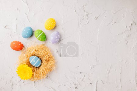 Téléchargez les photos : Top view holiday banner background web design white easter eggs in brown nest on white cement background with empty copy space, celebration greeting card, overhead, template, Happy Easter Day Concept - en image libre de droit