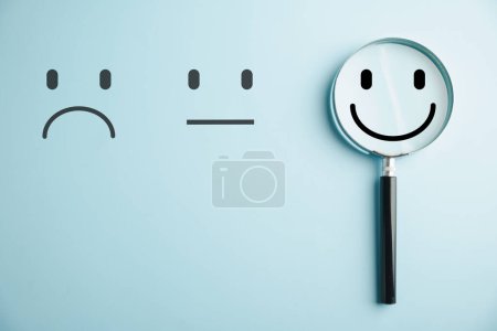 Photo for Find joy smiley face icon magnified in glass among sadness. Customer satisfaction and evaluation post-service or marketing survey. Magnifying, satisfaction, reputation depicted. - Royalty Free Image