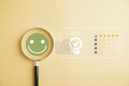 Photo for Seeking happiness smiley face icon in magnifying glass amid sadness. Customer satisfaction and evaluation after service or marketing survey. Magnification, satisfaction, reputation, customer - Royalty Free Image