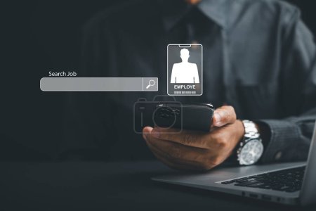Photo for A man holding smart phone with find a job on screen, job search concept, man browsing work opportunities online using job search bar mobile app. find your career, man looking at online website - Royalty Free Image