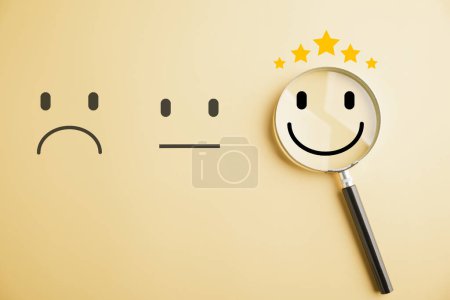 Photo for Magnifying glass uncovers smiley face icon, amidst sadness. Customer satisfaction and evaluation service or marketing survey. Magnification, satisfaction, corporate, customer, emotion illustrated. - Royalty Free Image