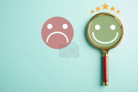 Photo for Happiness search smiley face inside magnifier glass amid sadness. Customer satisfaction and evaluation after service or marketing survey. Magnifying, satisfaction, reputation showcased. - Royalty Free Image