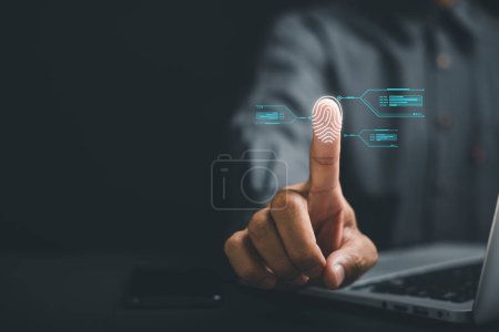 Photo for Cyber detective scanning biometric fingerprints for access control. Futuristic technology concept with a human hand pointing on a digital screen. Unleash the power of biometrics for enhanced security. - Royalty Free Image