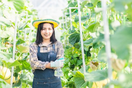 Téléchargez les photos : Joyeux jeune agricultrice se tient bras croisés et souriant dans le jardin serre plantation, melon jardinage ferme, fruitier jardinage concept biologique - en image libre de droit