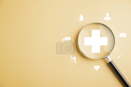 Photo for Health insurance theme, magnifying glass to focus on plus symbol and healthcare icon. Emphasizes welfare health access, innovation, and positive care. health concept - Royalty Free Image