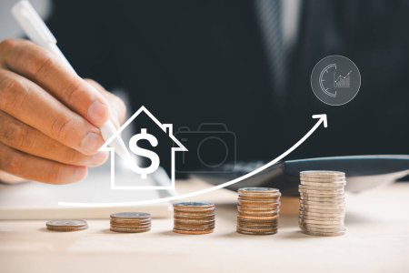 Photo for Real estate market growth is illustrated with ascending graph up arrow. house model positioned beside stack of coins conveys inflation, economic growth, insurance service costs. Property value ascends - Royalty Free Image