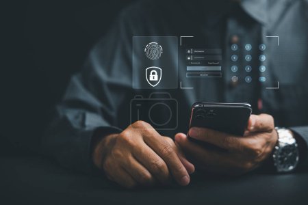 Téléchargez les photos : Déverrouillez vos données financières personnelles avec un scanner biométrique futuriste d'empreintes digitales sur votre téléphone portable. Surveillance et analyse de sécurité des programmes numériques pour les applications cybernétiques. accès sécurisé aux données d'identité - en image libre de droit