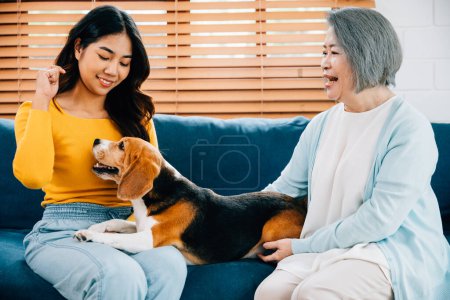 Foto de Una joven feliz y su madre se unen con su perro Beagle en el sofá, ilustrando la calidez y el apoyo que definen a su familia. Sus sonrisas irradian alegría y unión. - Imagen libre de derechos