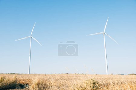 Photo for A windmill farm on a mountain captures natures wind generating clean energy. Innovative turbines against a blue sky symbolize sustainable development. - Royalty Free Image