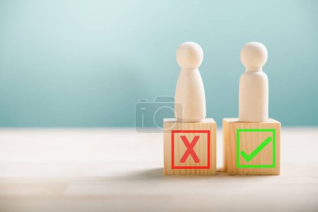 Photo for People standing on wooden block depict right and wrong contemplating yes or no. True and false symbols for business choices. Decision-making concept on wood. Think With Yes Or No Choice. - Royalty Free Image