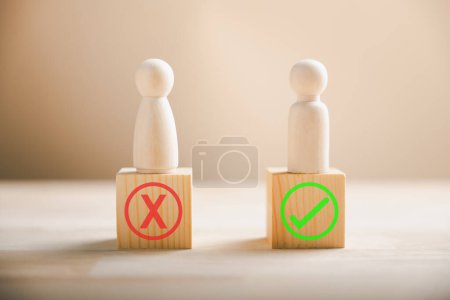 Photo for People showcase right and wrong on wooden blocks thinking yes or no. Business dilemma illustrated with true and false symbols on wood. Decision-making concept demonstrated. Think With Yes Or No Choice - Royalty Free Image