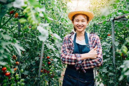 Foto de En un invernadero, el dueño de una granja sonriente está junto a tomates verdes maduros con brazos cruzados. El retrato significa éxito, felicidad y experiencia en la horticultura y el emprendimiento. - Imagen libre de derechos