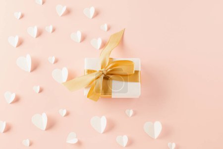 Photo for Happy Valentines Day Background. Top view beautiful hearts and gift boxes on pastel pink background surprise your loved with space for text, mothers day, concept banner holiday - Royalty Free Image