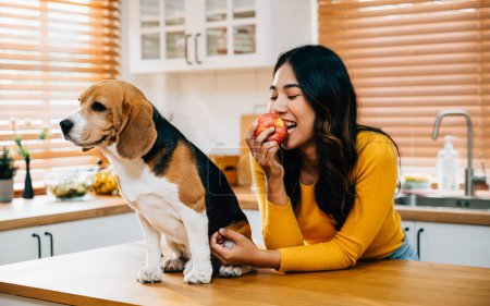 Photo for A red apple on the kitchen table becomes a symbol of togetherness as a woman and her retriever, her loyal companion, share it. Their joy and dedication as owner and pet shine. Pet love - Royalty Free Image