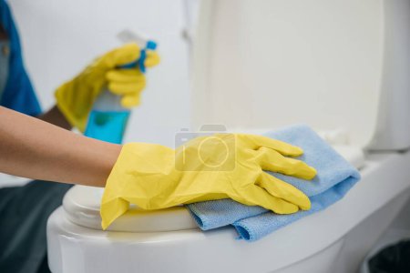 Foto de Una criada usa guantes amarillos limpiando meticulosamente el asiento del inodoro con tela. Su compromiso con la higiene y la pureza enfatiza la limpieza en el baño. Concepto de atención sanitaria del ama de casa - Imagen libre de derechos