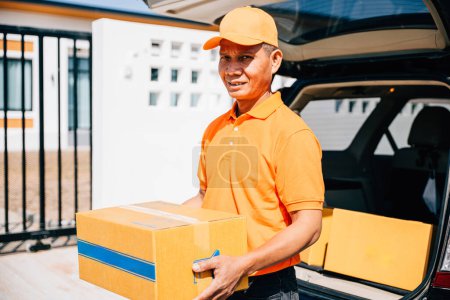 Photo for Portrait of a confident logistic worker in uniform delivering cardboard boxes to a recipient at their home door. Illustrating efficient delivery service and customer happiness. - Royalty Free Image