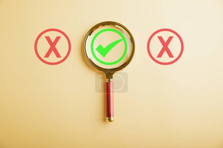 Photo for Man hand holds magnifying glass deciding between yes or no options for business. Red question mark signifies difficulty. Decision-making concept shown with check mark. Think With Yes Or No Choice. - Royalty Free Image