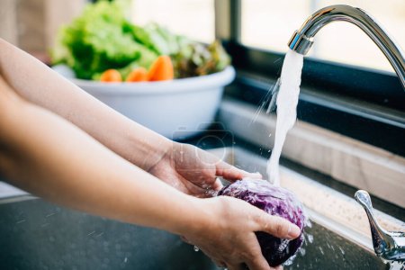 Photo for Freshness in homemade food, Woman washes fresh vegetables under running water in a modern kitchen sink for a vegan salad. Emphasizing cleanliness and healthy eating habits. - Royalty Free Image