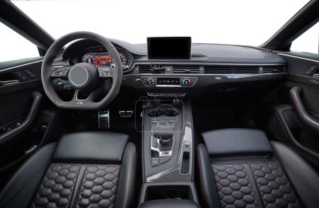 Foto de Inside moden car background, luxury car interior elements wallpaper. Empty car no outside background. Black leather car interior - Imagen libre de derechos