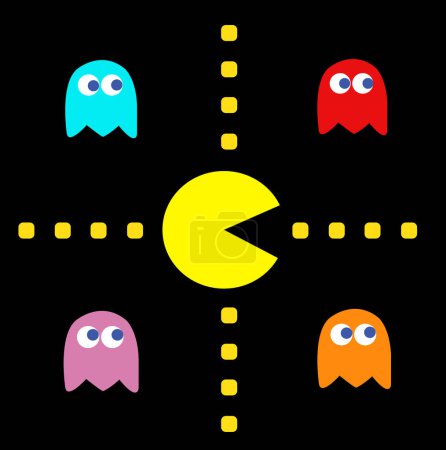 Téléchargez les photos : Pac-Man avec ses ennemis vintage illustration vectorielle de thème de jeu. Jeu PC rétro avec des personnages de Pac-Man, Pinky, Blinky, Inky et Clyde - en image libre de droit
